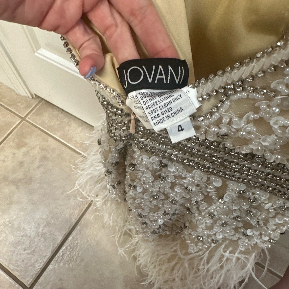 Jovani Beaded Dress with Feather Trim